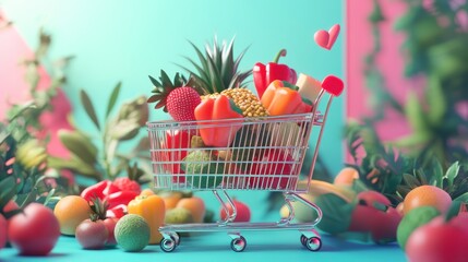 Miniature shopping cart overflowing with vibrant fruits and vegetables against a pastel background.
