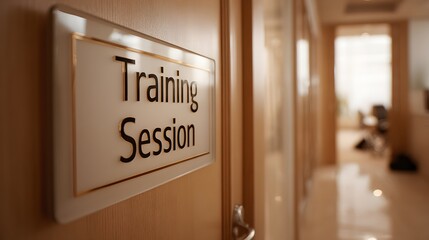 Training in session sign on wooden wall in office hallway.

