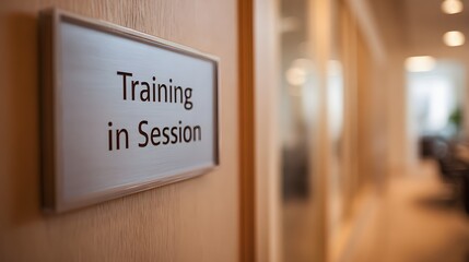 Training in session sign on wooden wall in office hallway.
