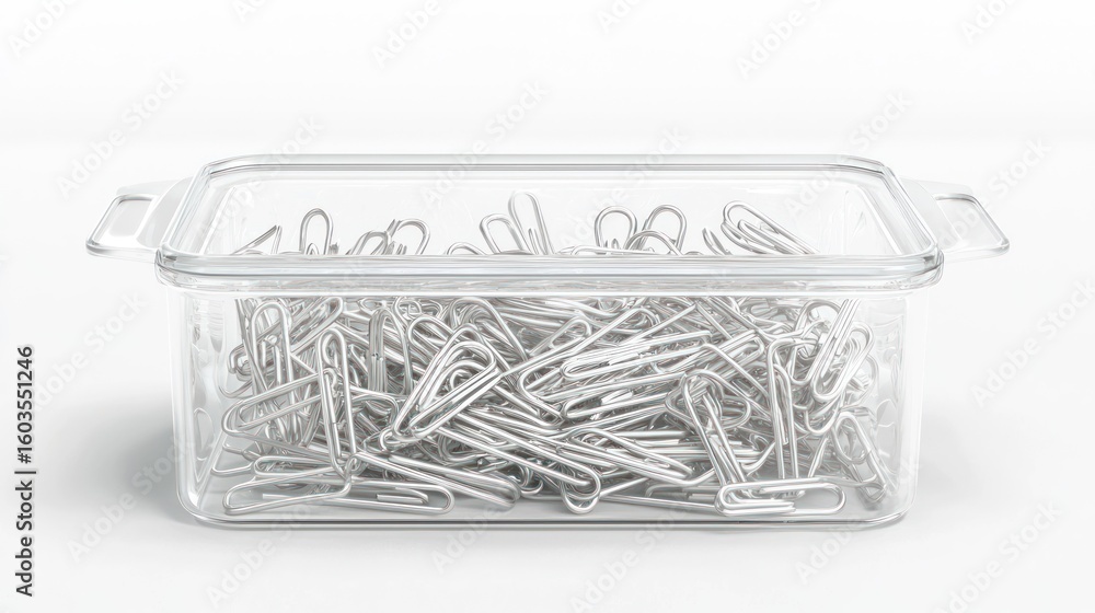 Poster 3d render of paper clips in a transparent box