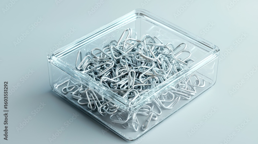 Poster 3d render of paper clips in a transparent box