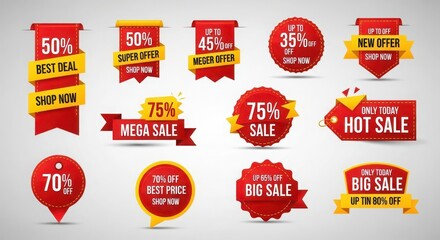 Obraz premium Collection of red and yellow sale tags and banners with discount percentages offer