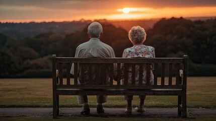 Senior couple watching sunset at park