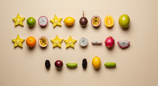 “Exotic fruit Morse code: each fruit representing dot or dash, cryptic flat lay”