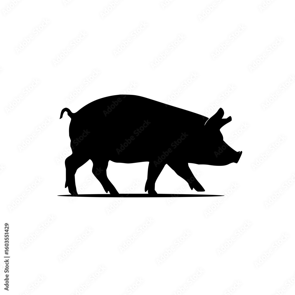 Poster silhouette of a pig walking with a short curly tail and visible ears against a white background spac