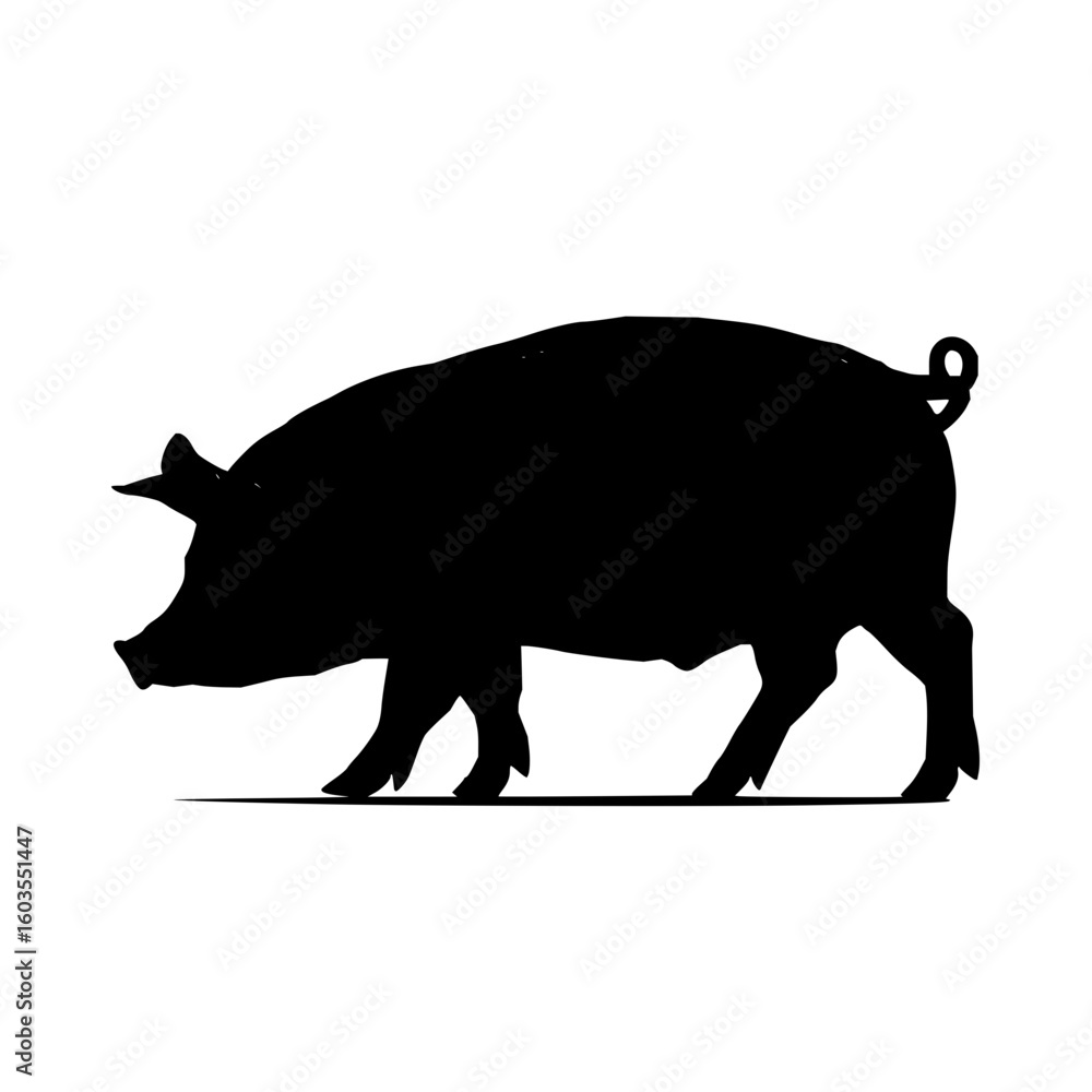 Poster silhouette of a pig standing on a flat surface with a curly tail and visible ears and snout in black