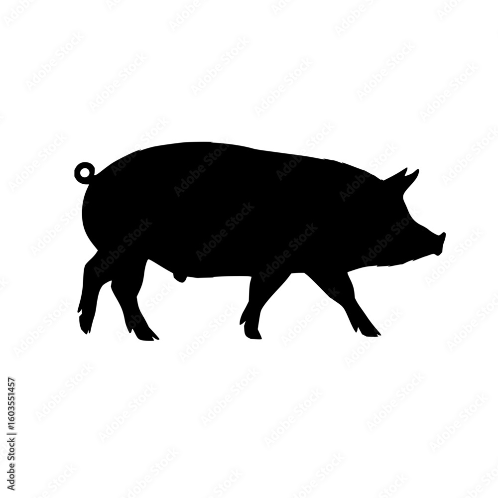 Poster silhouette illustration of a pig walking with a curly tail and pointed ears in a side view against w