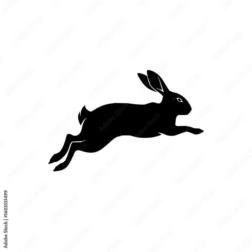Poster silhouette of a rabbit in mid leap with long ears and a short tail against a white background image 