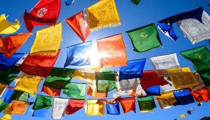 Colorful prayer flags in the bright sun