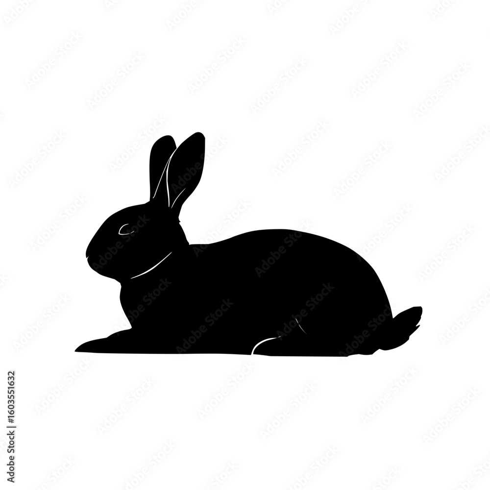 Poster silhouette of a resting rabbit with long ears and short tail in solid black against a white backgrou