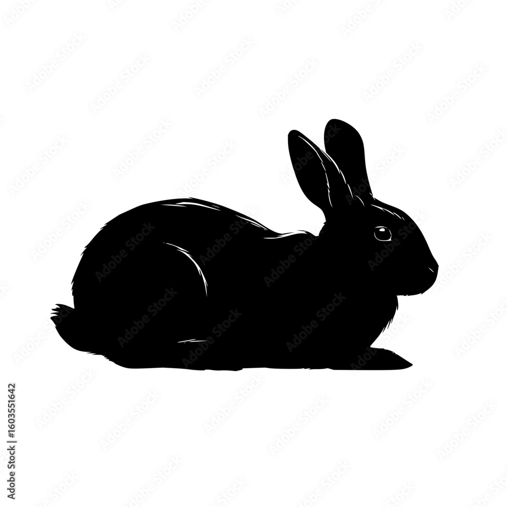 Poster silhouette of a rabbit lying down with its ears up and a fluffy tail in a black and white image form