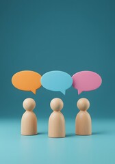 3D render of three wooden figures standing in front of a blue wall, Three wooden figures stand beneath vibrant speech bubbles a blue backdrop, communication, ideas, collaborative discussions.