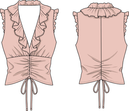 Elegant sleeveless blouse, ruffled neckline, front and back view, fashion design CAD, technical garment sketch, trendy apparel vector illustration