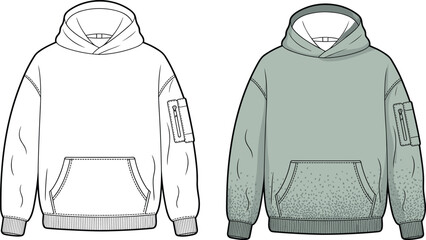 Trendy hoodie, CAD drawing, flat vector illustration, fashion design, apparel sketch, hoodie mockup, garment template, © kulsum creatives