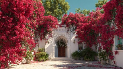 Traditional Andalusian Arch with Bougainvillea Flowers Illumination.

