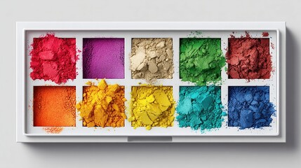 Colorful eyeshadow palette featuring shades of red, purple, green, blue, and orange