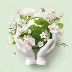 Earth embraced by spring flowers in gentle hands