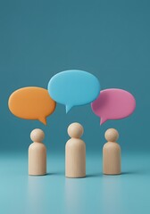 communication, ideas, collaborative discussions. Three wooden figures stand beneath vibrant speech bubbles a blue backdrop, 3D render of three wooden figures standing in fro
