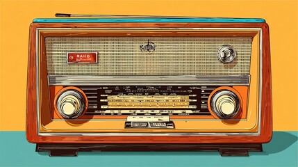 Fototapeta premium Nostalgic orange vintage radio with details, a golden hue. Controls, antenna
