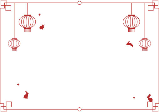 Year of the Rabbit decorative frame with traditional Chinese lanterns. Minimalist lunar new year celebration vector illustration.