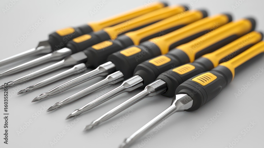 Poster 3d render of screwdriver set neatly arranged