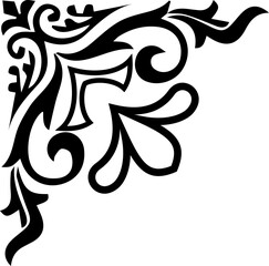 Elegant black silhouette of a floral corner ornament. Vintage baroque swirl design element for decoration, invitations, and borders.