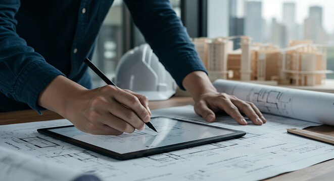 Architect using digital tablet to design building plans on blueprints with architectural models.