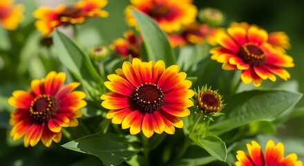 Vibrant Gaillardia Flowers with Red Petals and Yellow Tips in a Lush Green Garden