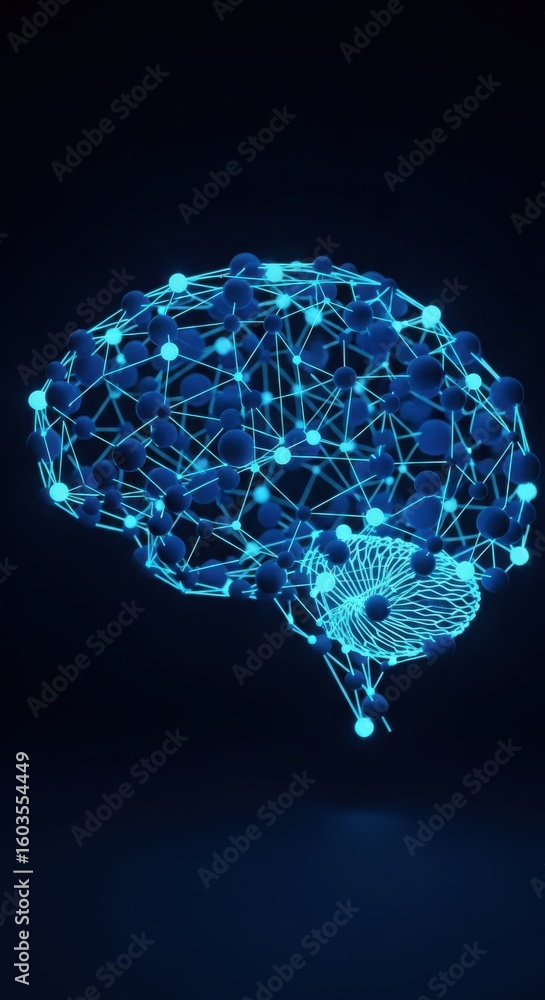 Aufkleber blue glowing neural network brain structure on dark background connection technology