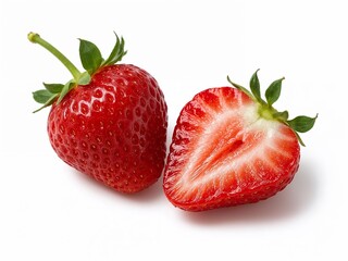 High-resolution close-up of a whole fresh strawberry and a juicy sliced half, isolated on a clean white background. Perfect for food, health, or fruit-related design and advertising.