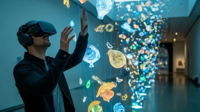 Person in VR Headset Interacting with Virtual Ancient Artifacts in Museum