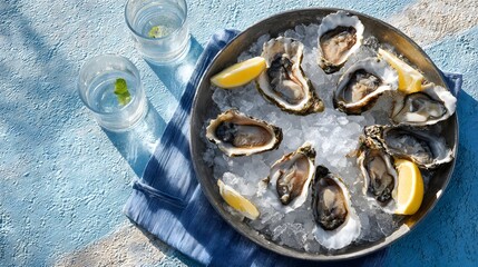 Top-view of oysters on crushed ice in round metal tray with lemon wedges.
