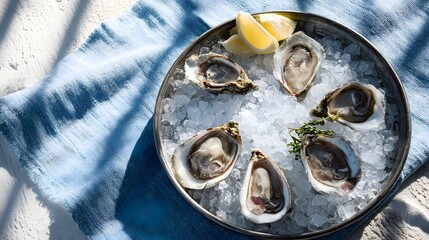Top-view of oysters on crushed ice in round metal tray with lemon wedges.
