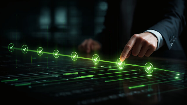 Project Timeline and Milestones Visualization	A project manager reviews a holographic timeline of a project, with key milestones highlighted with checkmarks.

