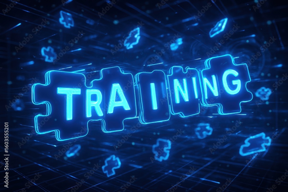Poster digital training: a captivating digital design showcases the word training in a glowing neon font, s