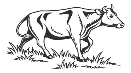 Obraz premium Black and White Illustration of a Cow Walking Through Grass.
