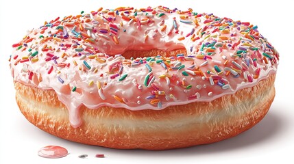 Glazed donut with pink frosting and colorful sprinkles on an isolated white background