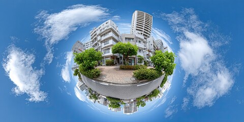 Tiny planet view of buildings and greenery under a blue sky
