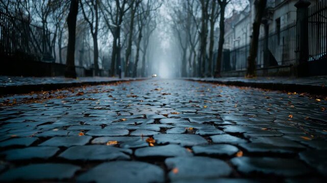 Empty wet cobblestone street on a foggy cold autumn night with car headlights, a dark moody scene.