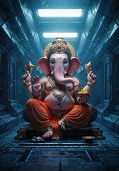 Ganesha in a futuristic blue corridor seated in meditation holding a bowl of modak symbolizing wisdom and prosperity