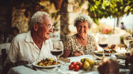 Happy elderly couple enjoying a meal together at a cozy outdoor restaurant with delicious food and wine in a serene setting
