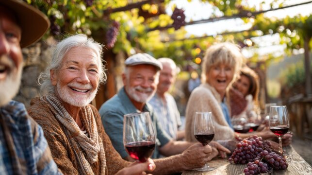 Happy seniors enjoying wine at vineyard table surrounded by grapes and lush greenery during sunny outdoor gathering