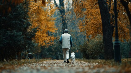 Fototapeta premium Serene Autumn Walk in the Park with an Elderly Man and His Pet Dog Surrounded by Vibrant Fall Foliage and Peaceful Pathways