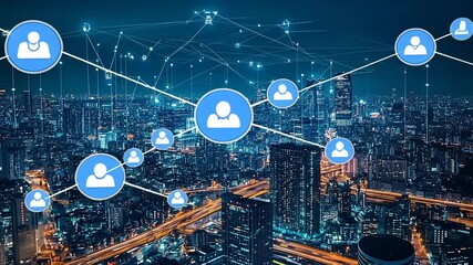 Night cityscape with digital network connections among people icons, showcasing urban connectivity - Powered by Adobe