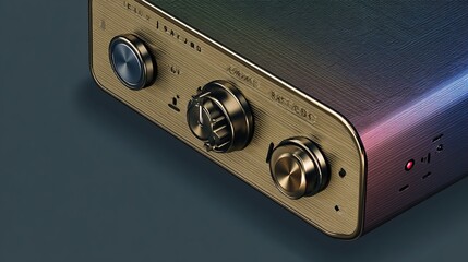 Detailed view of audio amplifier with knob controls on gold-trimmed metal casing