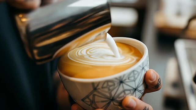Pouring steamed milk into espresso to create latte art in cozy cafe scene