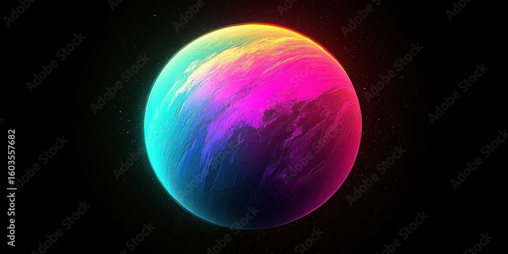 Poster game-style rasterization of an alien planet with vibrant colors and simplified lighting effects