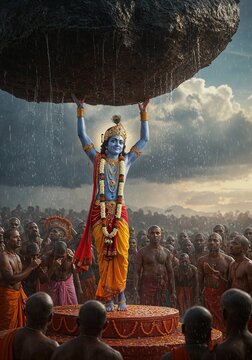 Lord krishna lifts govardhan hill to protect his devotees from a torrential downpour a symbol of divine protection and strength