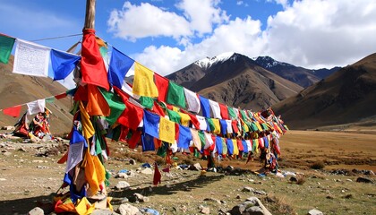 Colorful prayer flags strung on a mountainside