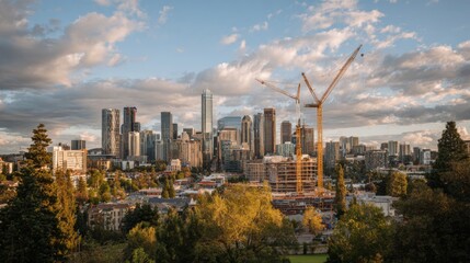 Obraz premium Urban skyline with cranes during sunset, showcasing construction progress and city life in a vibrant metropolitan area